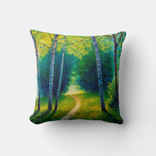Coussin Peinture à l'huile paysage forestier, belle route