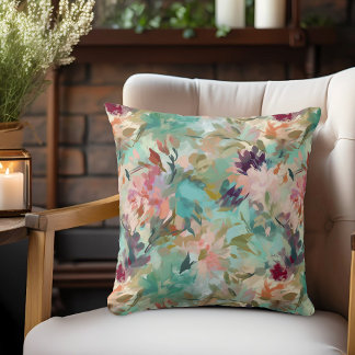 Coussin Peinture Abstraite beige turquoise motif floral