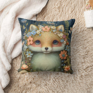 Coussin Peinture de bébé renard mignon fleurs roses bleues