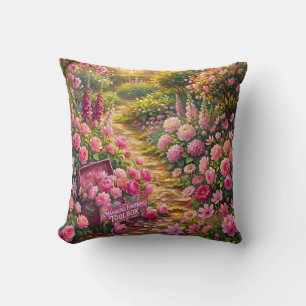 Coussin Peinture de chemin de jardin fleuri rose rêveur