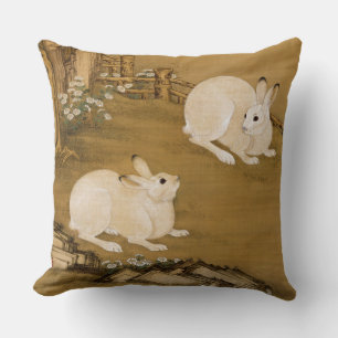 Coussin Peinture de deux lapins blancs d'art chinois vinta