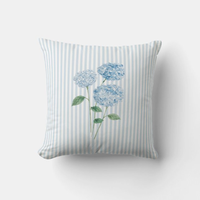 Coussin Peinture de Fleur d'Hortensia Bleu à Rayure Bleue (Recto)