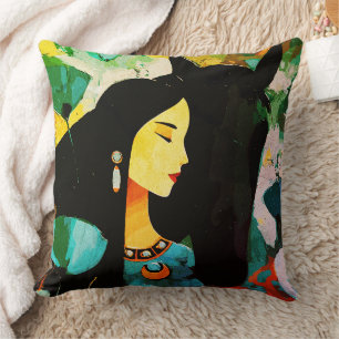 Coussin Peinture de la Femme Turquoise et du Cheval