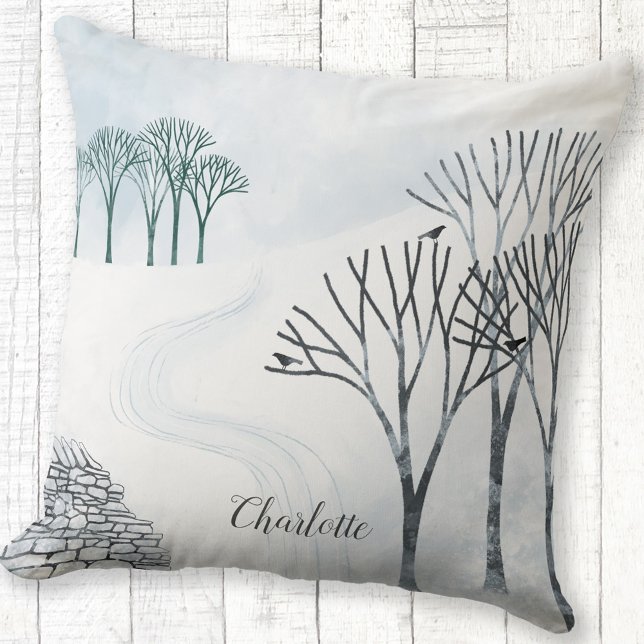 Coussin Peinture de paysage de neige d'hiver personnalisée (Winter landscape snow scene personalized custom name throw pillow)