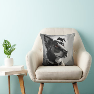 Coussin Peinture de portrait de chien noir et argent