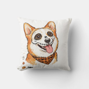 Coussin Peinture de visage de squelette mignon Corgi Hallo