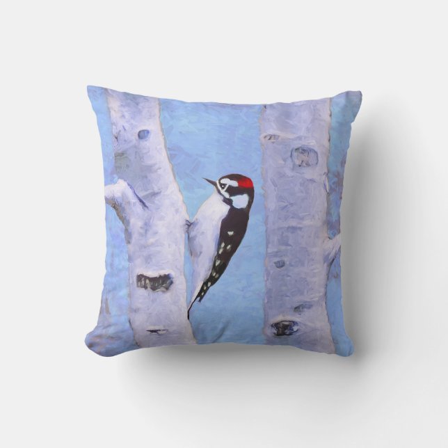 Coussin Peinture Downy Woodpecker - Art original pour oise (Recto)