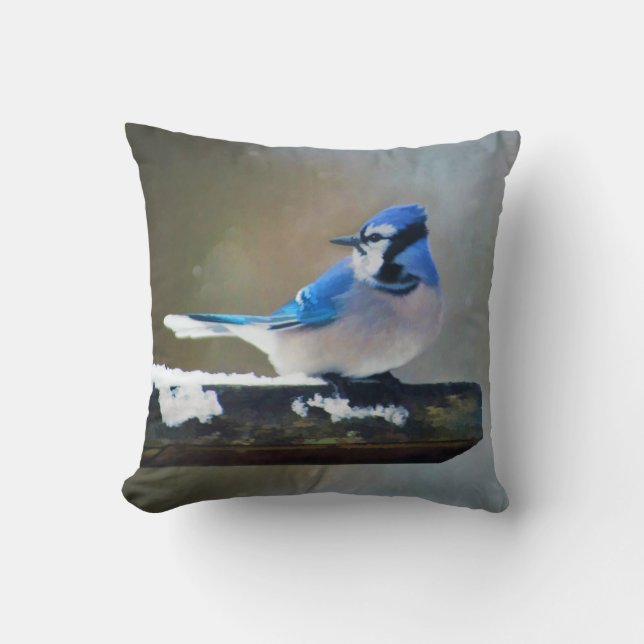 Coussin Peinture Jay Bleu - Art Oiseau Original (Recto)