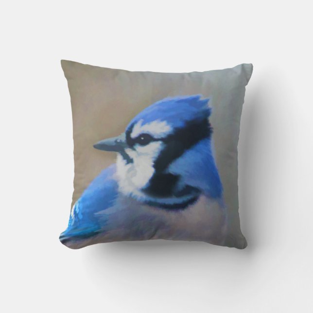Coussin Peinture Jay Bleu - Art Oiseau Original (Recto)
