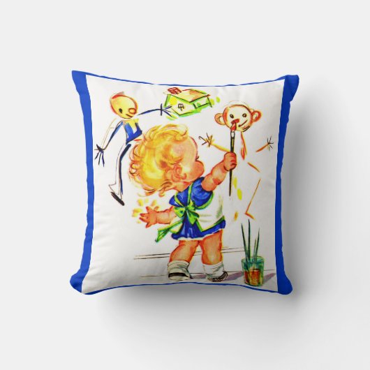 Coussin peinture mignonne de petite fille sur le mur (Recto)