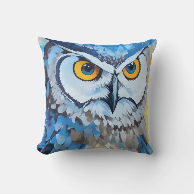 Coussin Peintures de portraits de hibou bleu (Recto)