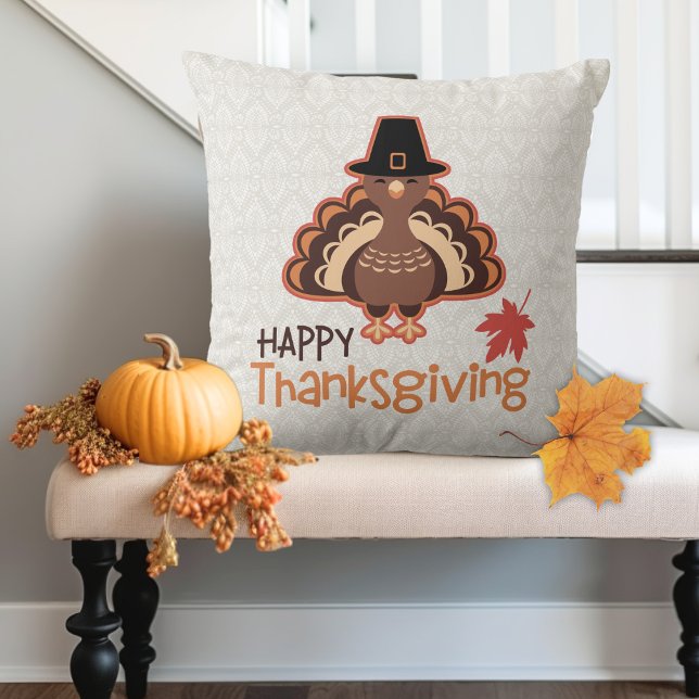 Coussin Pèlerin Turquie Thanksgiving Salutations (Pilgrim Turkey Thanksgiving Greetings Throw Pillow)