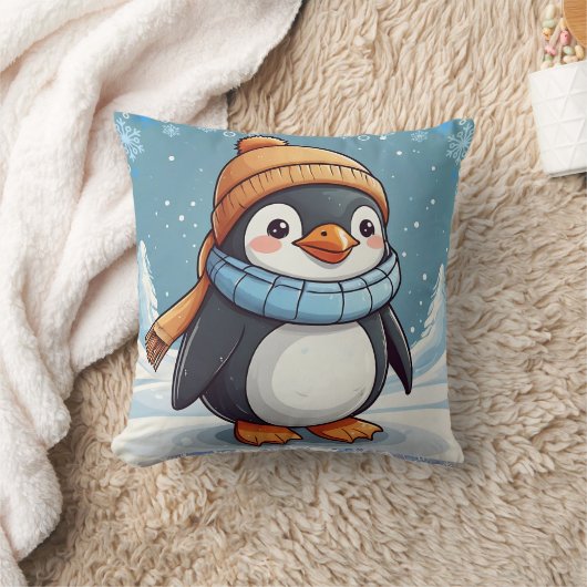 Coussin Penguin Cute Kawaii Casquette Brown Imprimer (Couverture)
