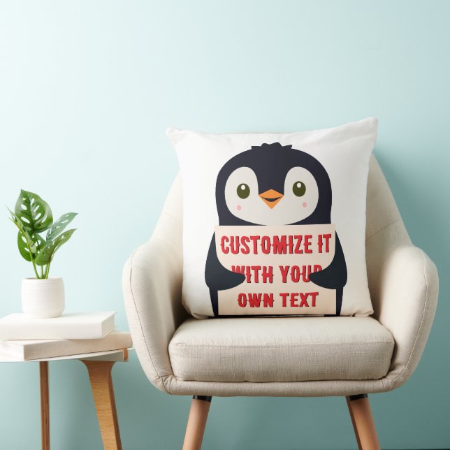 Coussin Penguin mascot holding a sign for custom text (Chaise)