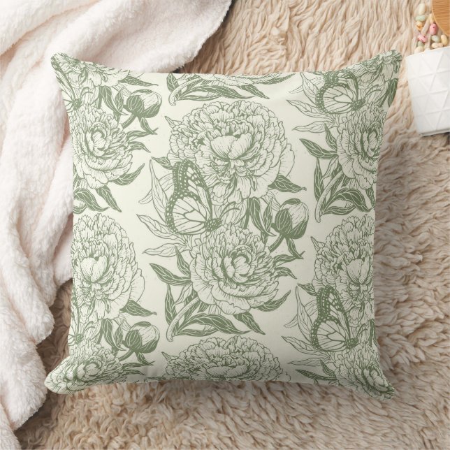 Coussin Peoné et papillons bloc impression, sauge vert et (Couverture)