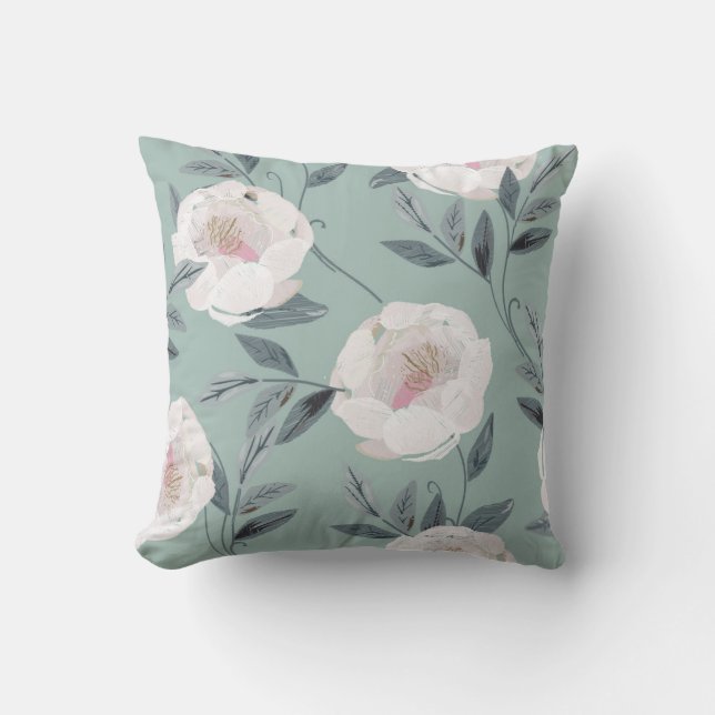 Coussin Peonies Roses Blanches : Broderie Florale. (Recto)