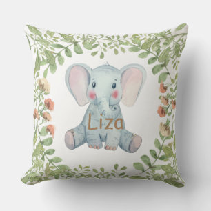 Coussin Pépinière d'éléphant aquarelle personnalisée