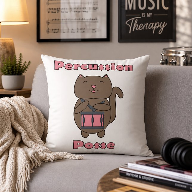 Coussin Percussion Posse - Chat batteur mignon (A throw pillow with a cute cat playing the drums and the text percussion posse.)