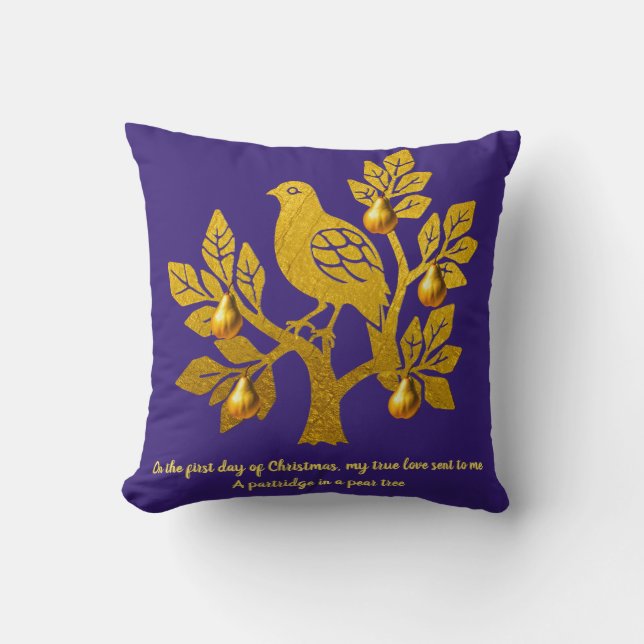 Coussin Perdrix Dans Un Arbre Fruitier Noël Or Violet (Recto)