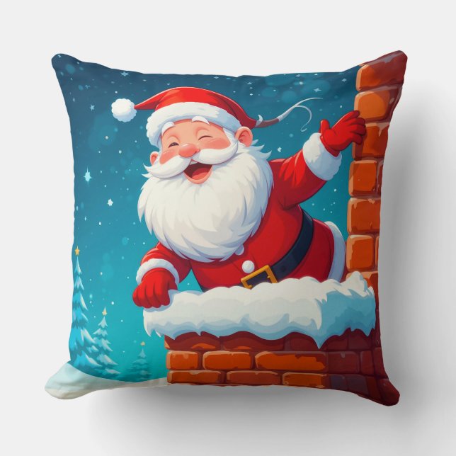 Coussin Père Noël agitant joyeusement dans la cheminée (Recto)