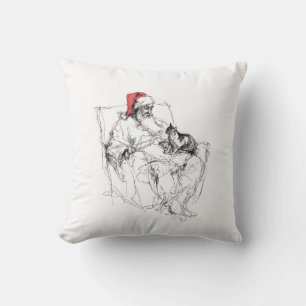 Coussin Père Noël assis avec le chat sur le genou
