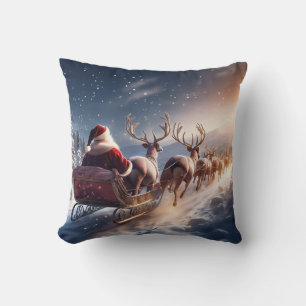 Coussin Père Noël conduisant son traîneau avec des rennes