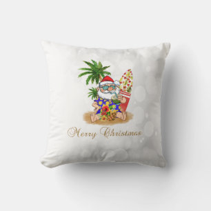 Coussin Père Noël cool, palmier, flou de plage