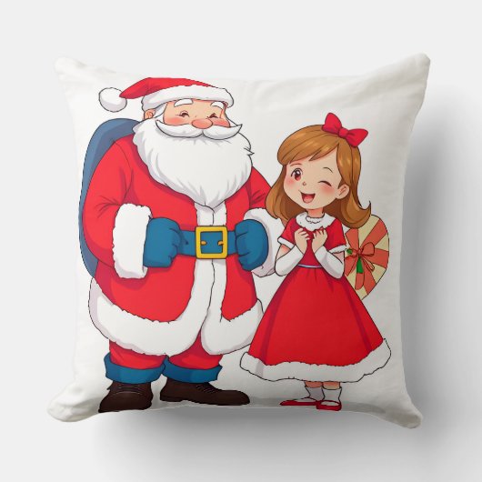 Coussin Père Noël de Noël avec une fille heureuse (Recto)
