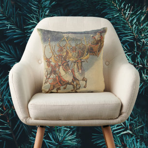 Coussin Père Noël de Noël vintage traîneau avec rennes