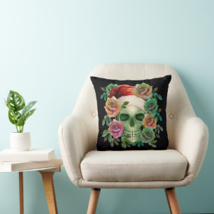 COUSSIN PÈRE NOËL DRÔLE CRÂNE VERT ET FLORAL NOËL