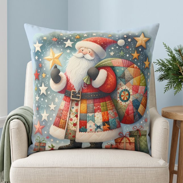Coussin Père Noël en patchwork matelassé avec des étoiles  (Quilted Patchwork Santa with Christmas Stars Throw Pillow)