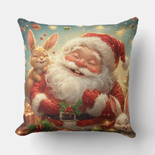Coussin Père Noël et deux lapins joyeux
