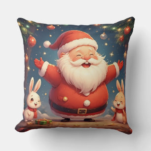 Coussin Père Noël et deux lapins joyeux