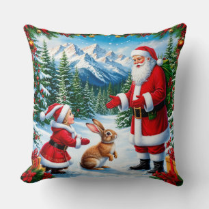 Coussin Père Noël et enfant rencontrant un lapin