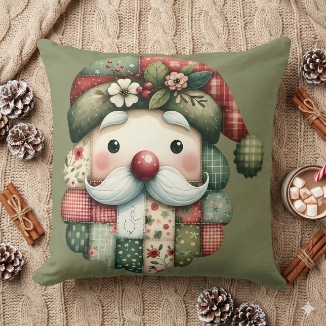 Coussin Père Noël fantaisiste en patchwork pour Noël Folk (Whimsical Patchwork Santa Folk Christmas Throw Pillow Mockup A)