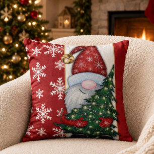 Coussin Père Noël gnome aquarelle rouge et blanc