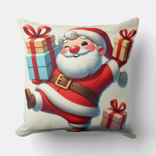 Coussin Père Noël joyeux tenant des boîtes de cadeaux