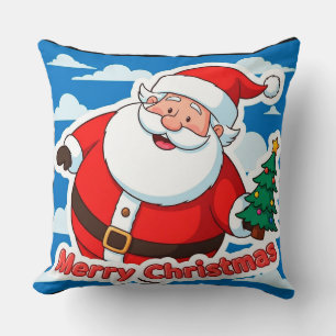 Coussin Père Noël joyeux tenant un petit arbre de Noël