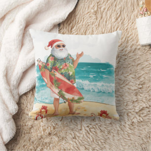 Coussin Père Noël Noël en juillet à la plage surfeur