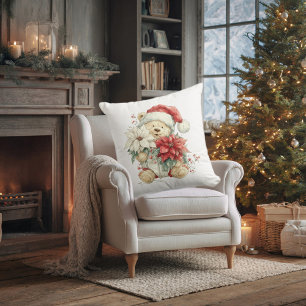 Coussin Père Noël ours en peluche avec fleurs de Noël