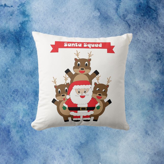 Coussin Père Noël Squad Funny Reindeer (A throw pillow with a funny picture of Santa and his reindeer.  The red banner reads Santa Squad.)