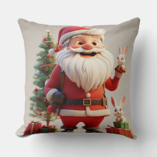 Coussin Père Noël tenant un cadeau avec des lapins