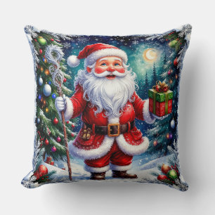 Coussin Père Noël tenant un cadeau dans un Noël magique
