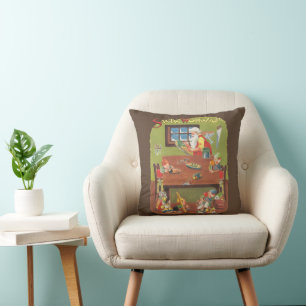 Coussin Père Noël vintage avec des lutins dans l'atelier