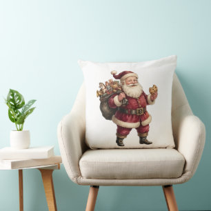 Coussin Père Noël vintage avec sac de jouets et friandise