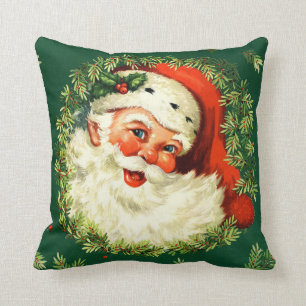 Coussin Père Noël vintage, guirlande de pin, Noël de houx