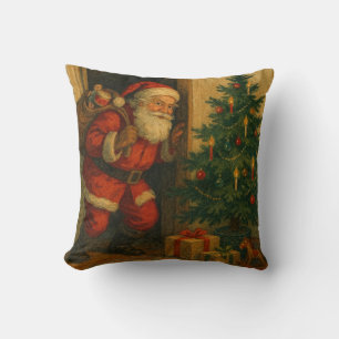 Coussin Père Noël vintage/retro rendant visite à Noël