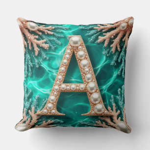 Coussin 🌊Perle de corail sarcelle Monogramme Lettre A Cad