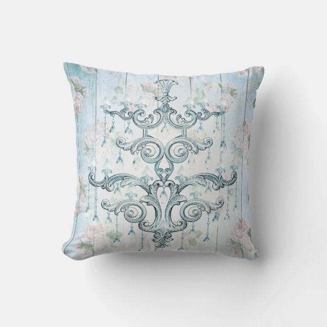 Coussin Perles de lustre bleu rustique Monogramme Vintage (Recto)