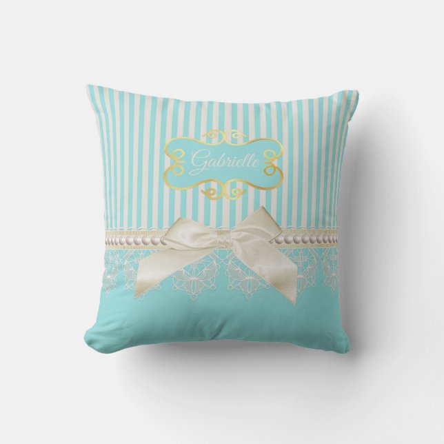 Coussin Perles et dentelle Aqua Stripes Crème Bow avec nom (Recto)